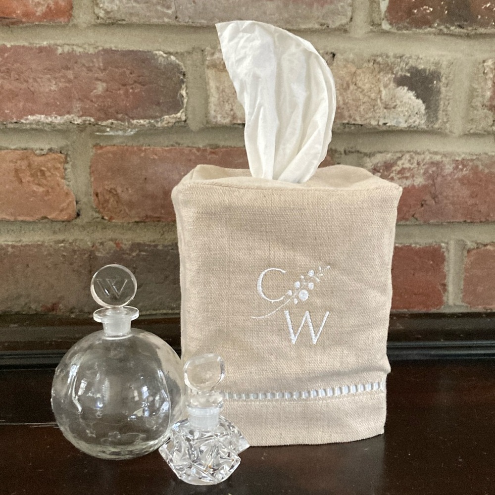 Pottery Barn linen hemstitch tissue box cover Flax tan